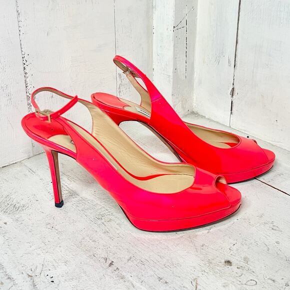 Jimmy Choo Patent Leather Slip On Slingback Pumps Neon Pink Women's Size 39.5/9